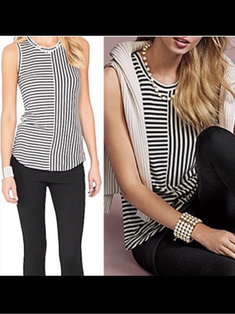CAbi Black and White Vertical-Stripe Sleeveless Tank